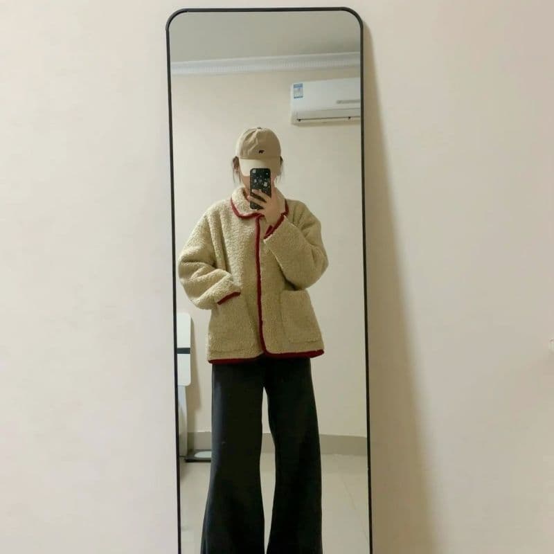 원본 원단 560 그램 한 번 작은 짭짤한 폴로 칼라 두꺼운 양털 플리스 여성 가을 겨울 빨간색 짧은 외투 보온 이미지 2