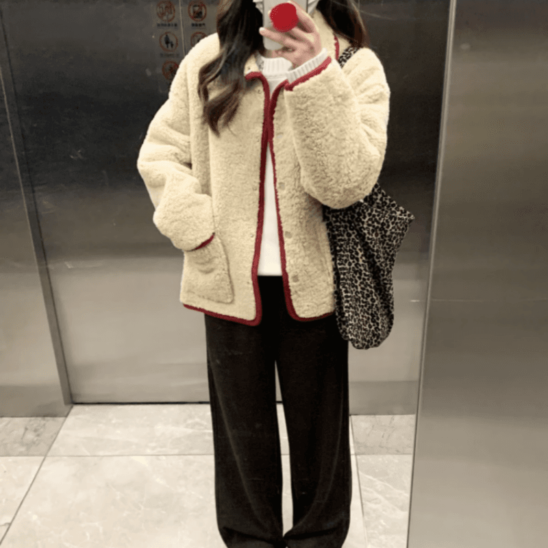 원본 원단 560 그램 한 번 작은 짭짤한 폴로 칼라 두꺼운 양털 플리스 여성 가을 겨울 빨간색 짧은 외투 보온 이미지 4