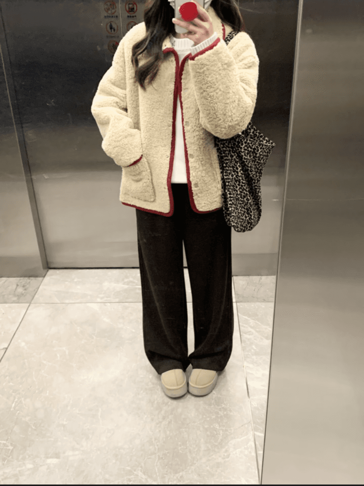 원본 원단 560 그램 한 번 작은 짭짤한 폴로 칼라 두꺼운 양털 플리스 여성 가을 겨울 빨간색 짧은 외투 보온 상세 이미지 2