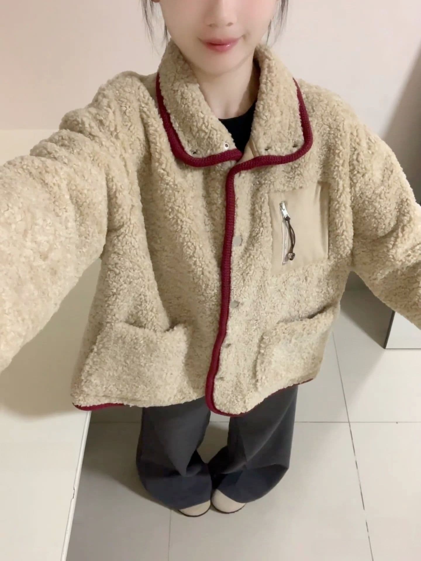 원본 원단 560 그램 한 번 작은 짭짤한 폴로 칼라 두꺼운 양털 플리스 여성 가을 겨울 빨간색 짧은 외투 보온 상세 이미지 6
