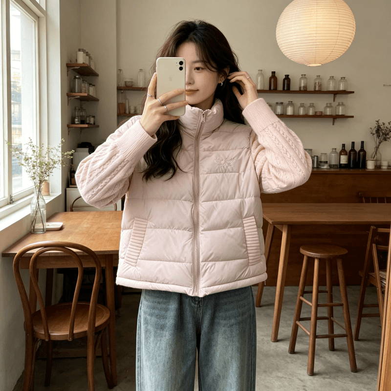 디자인 센스 니트 소매 패치워크 다운 재킷 여성 2026 겨울 새로운 작은 키 얇고 가벼운 면 옷 여성 코트 이미지 3