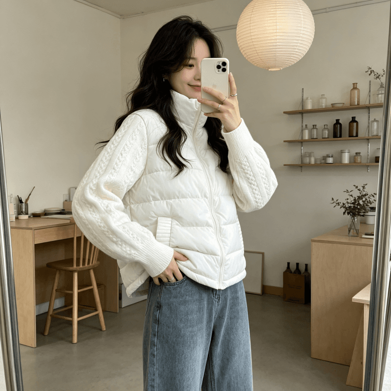 디자인 센스 니트 소매 패치워크 다운 재킷 여성 2026 겨울 새로운 작은 키 얇고 가벼운 면 옷 여성 코트 상세 이미지 2