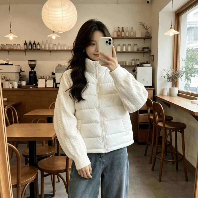 디자인 센스 니트 소매 패치워크 다운 재킷 여성 2026 겨울 새로운 작은 키 얇고 가벼운 면 옷 여성 코트 상세 이미지 5