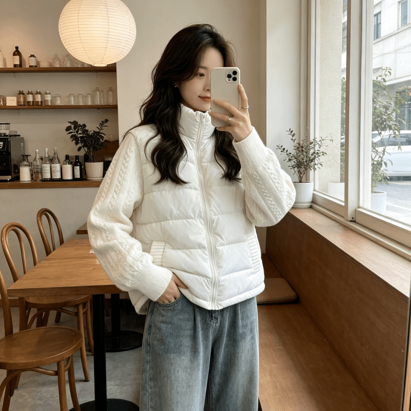 디자인 센스 니트 소매 패치워크 다운 재킷 여성 2026 겨울 새로운 작은 키 얇고 가벼운 면 옷 여성 코트 상세 이미지 6