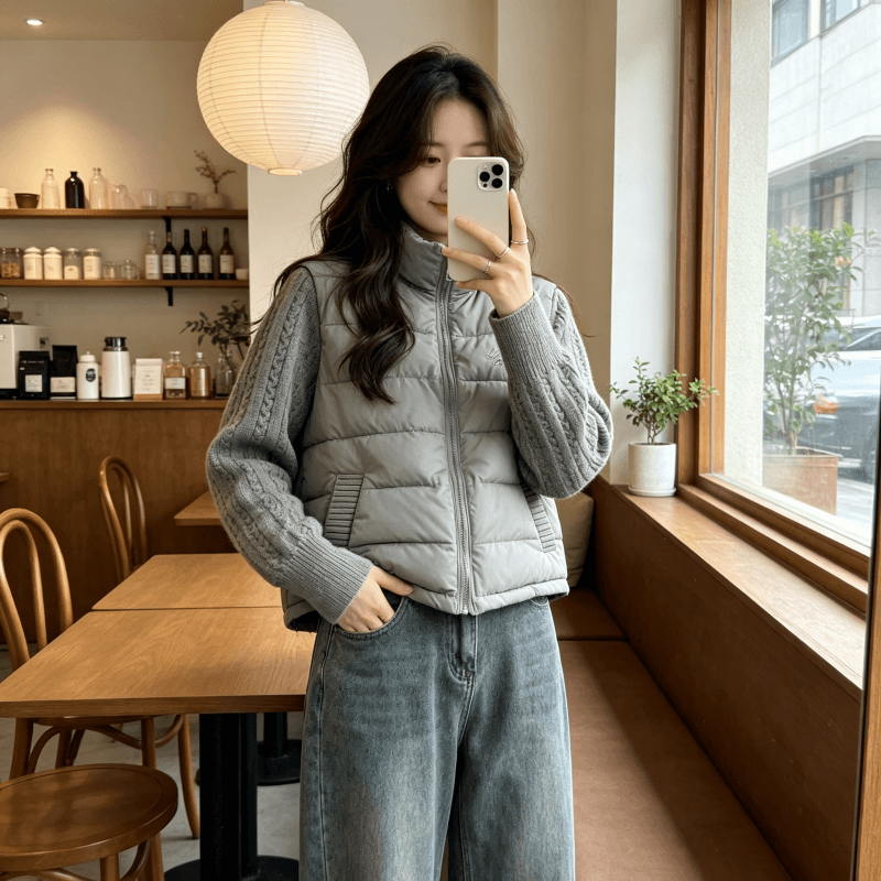 디자인 센스 니트 소매 패치워크 다운 재킷 여성 2026 겨울 새로운 작은 키 얇고 가벼운 면 옷 여성 코트 상세 이미지 18
