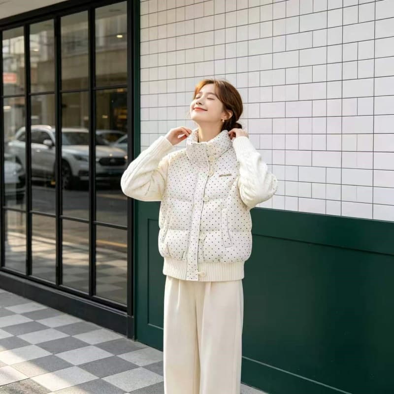 코듀로이 도트 무늬 다운 재킷 여성 니트 슬리브 겨울 새로운 두꺼운 루즈핏 스웨터 패딩 재킷 쇼트 스타일 재킷 상세 이미지 1