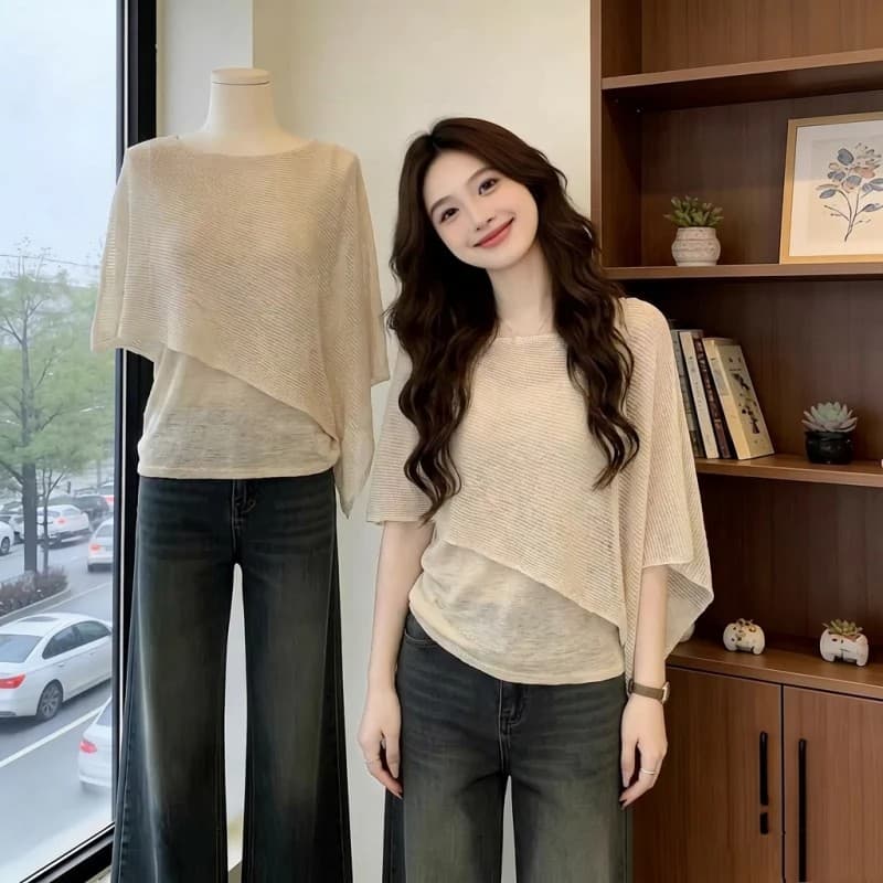 얼음 실크 얇은 스타일 페이크 레이어드 숄 반팔 티셔츠 여성 2026 새로운 빅 사이즈 지방 mm 표지 배 슬림해 보이는 맨위 상세 이미지 2