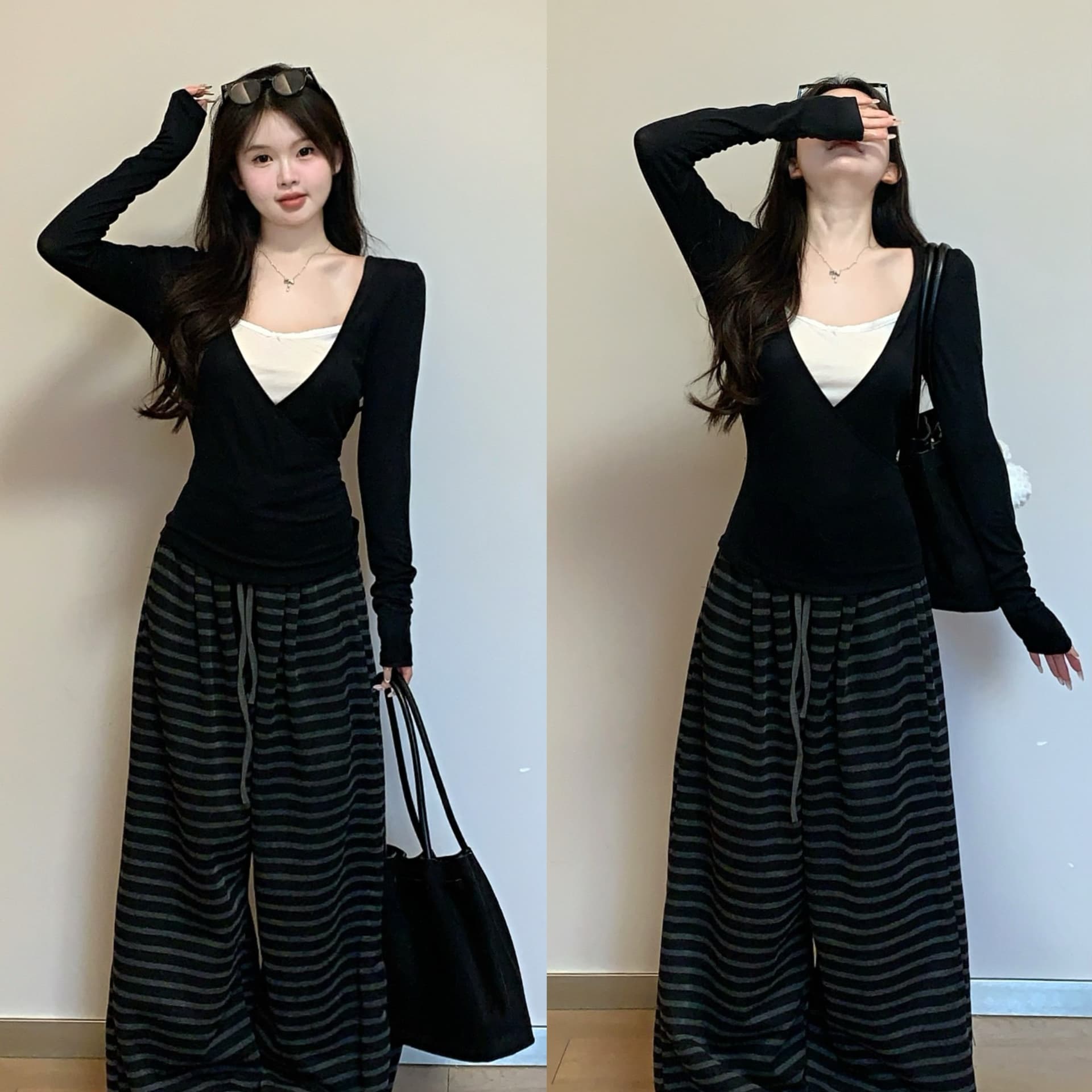 디자인 센스 배색 패치워크 기본 셔츠 티셔츠 여성 가을 작은 대중 몸매 가꾸기 Chic 페이크 레이어드 인사이드 가져 가라. 긴팔 맨위 이미지 5