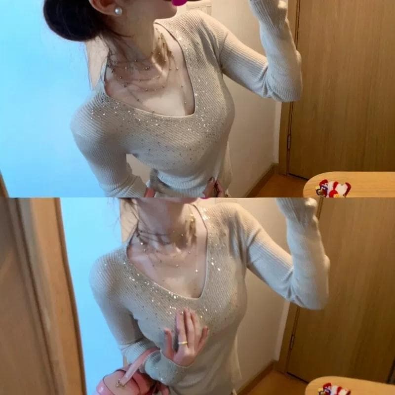 프랑스식 무거운 작업 핫픽스 V넥 인사이드 가져 가라. 기본 셔츠 맨위 여성 봄 가을 고급 센스 고유 한 아름다운 몸매 가꾸기 니트 스웨터 이미지 3