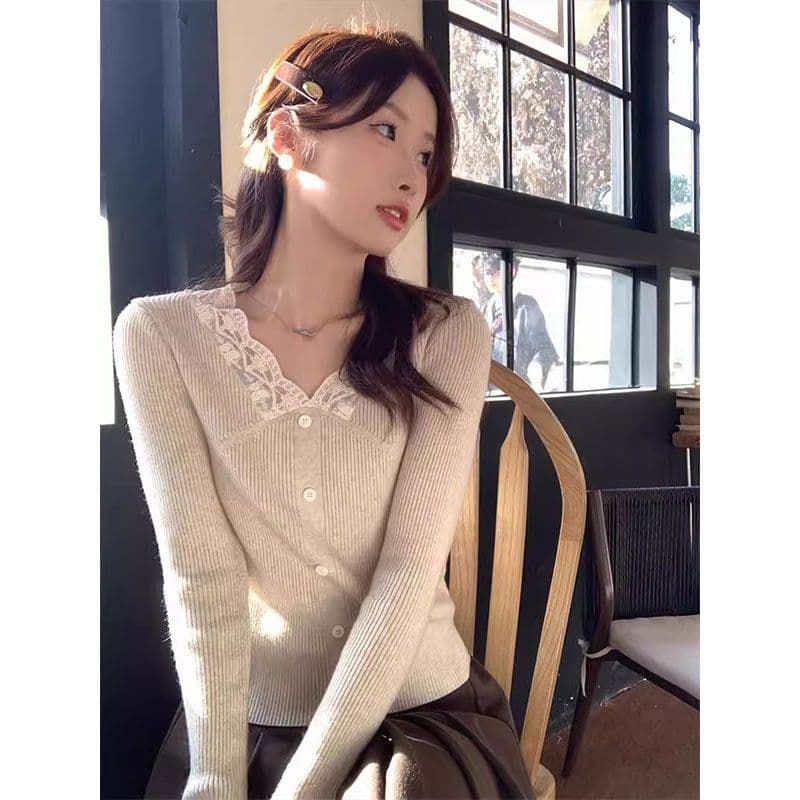 프랑스식 부드러운 바람 레이스 V넥 니트 기본 셔츠 여성 봄 새로운 몸매 가꾸기 슬림해 보이는 인사이드 가져 가라. 짧은 맨위 이미지 3