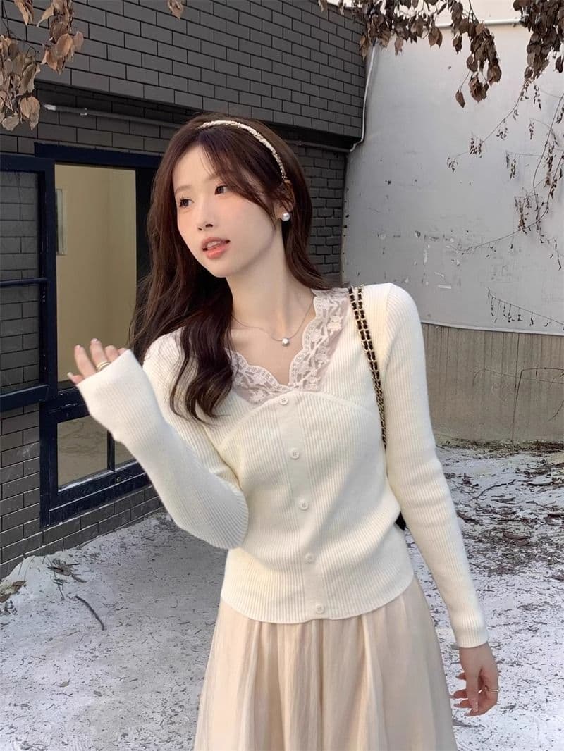프랑스식 부드러운 바람 레이스 V넥 니트 기본 셔츠 여성 봄 새로운 몸매 가꾸기 슬림해 보이는 인사이드 가져 가라. 짧은 맨위 상세 이미지 1