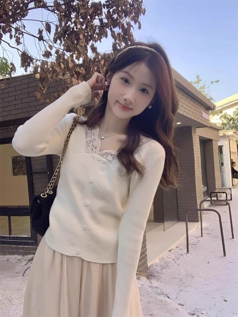 프랑스식 부드러운 바람 레이스 V넥 니트 기본 셔츠 여성 봄 새로운 몸매 가꾸기 슬림해 보이는 인사이드 가져 가라. 짧은 맨위 상세 이미지 7