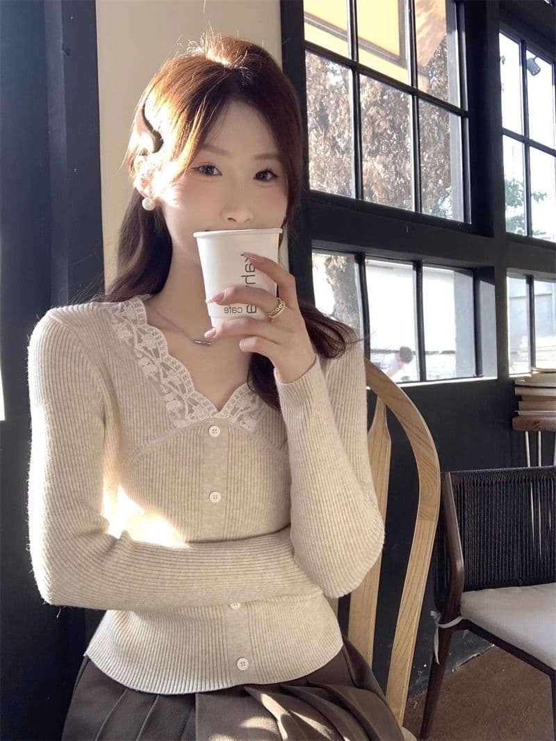 프랑스식 부드러운 바람 레이스 V넥 니트 기본 셔츠 여성 봄 새로운 몸매 가꾸기 슬림해 보이는 인사이드 가져 가라. 짧은 맨위 상세 이미지 10