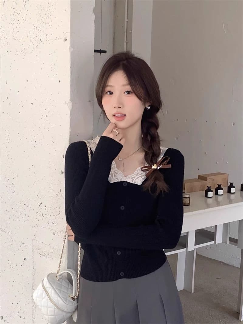 프랑스식 부드러운 바람 레이스 V넥 니트 기본 셔츠 여성 봄 새로운 몸매 가꾸기 슬림해 보이는 인사이드 가져 가라. 짧은 맨위 상세 이미지 13