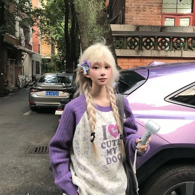 세 면 양모 재미있는 프린트 패치워크 색상 긴팔 니트 스웨터 여자 봄 가을 루즈핏 캐주얼 다용도 풀오버 털 셔츠 상세 이미지 6