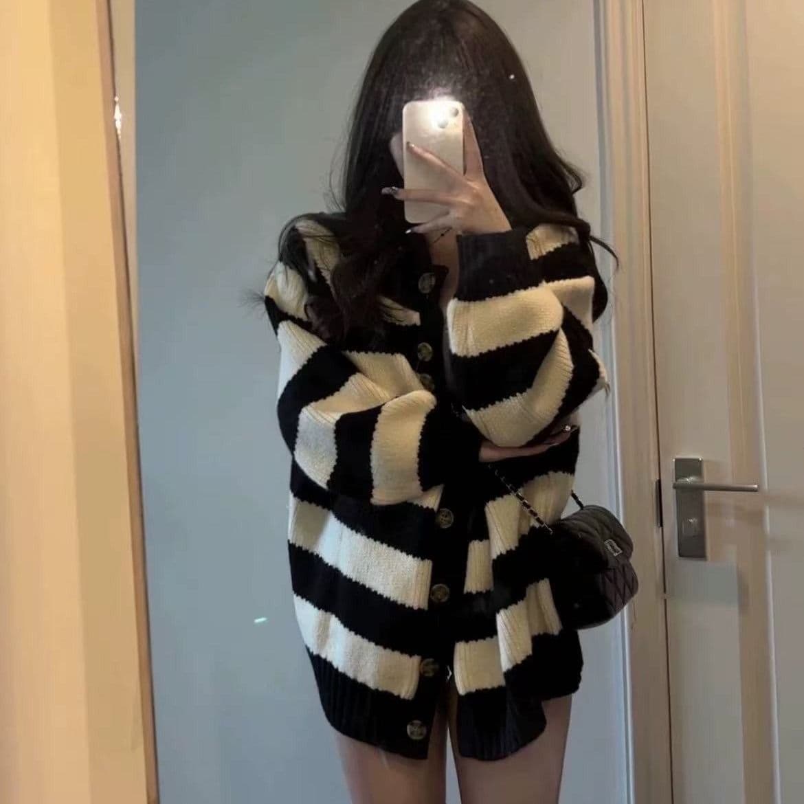 여지 복숭아 생각해라. 잠자는 중 ya 가을 겨울 느긋한 바람 스트라이프 흑인과 백인 양면 착용 스웨터 니트 스웨터 부드러운 재킷 이미지 3