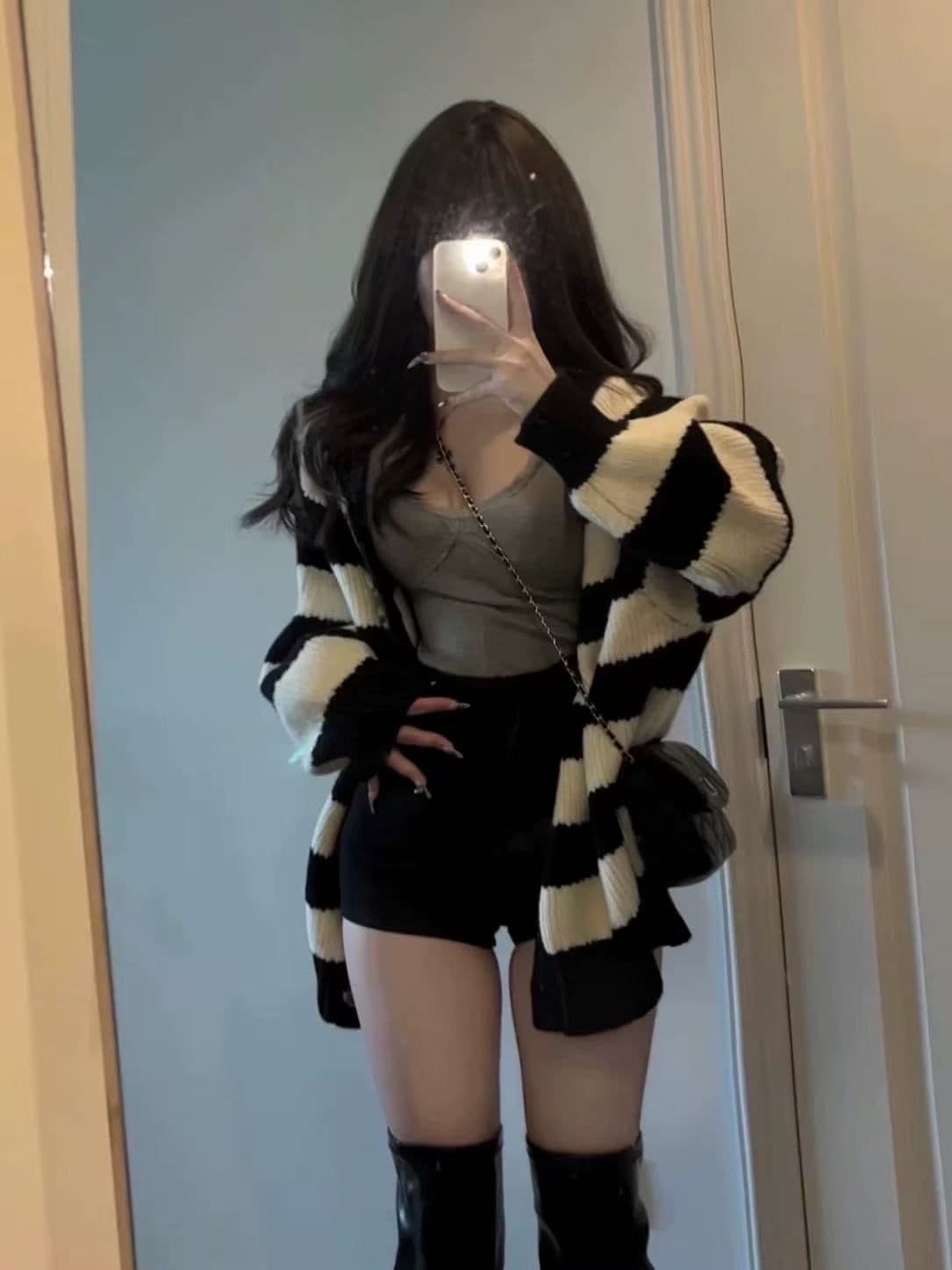 여지 복숭아 생각해라. 잠자는 중 ya 가을 겨울 느긋한 바람 스트라이프 흑인과 백인 양면 착용 스웨터 니트 스웨터 부드러운 재킷 상세 이미지 1
