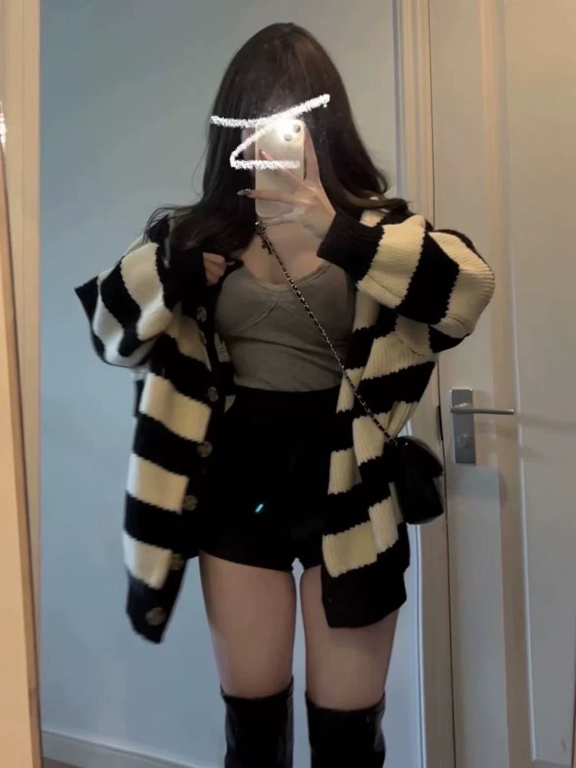 여지 복숭아 생각해라. 잠자는 중 ya 가을 겨울 느긋한 바람 스트라이프 흑인과 백인 양면 착용 스웨터 니트 스웨터 부드러운 재킷 상세 이미지 5