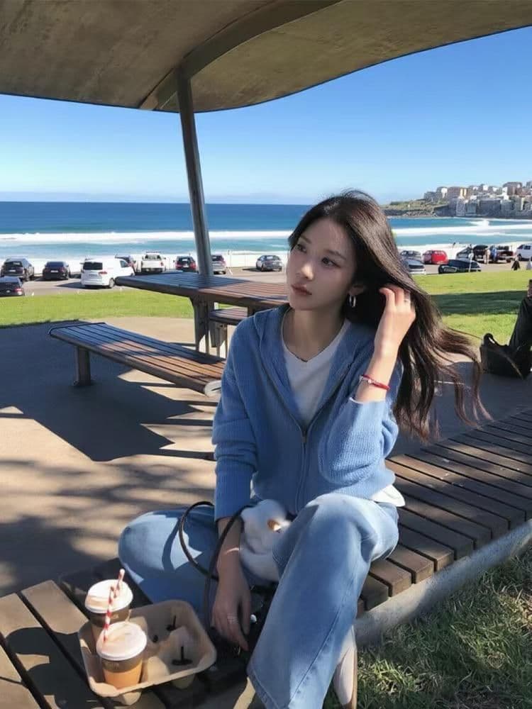 한 부서 느긋한 바람 회색 후아 남편 그리드 후드 지퍼 니트 스웨터 오픈 가디건 여성 의류 가을 새로운 재킷 맨위 상세 이미지 6