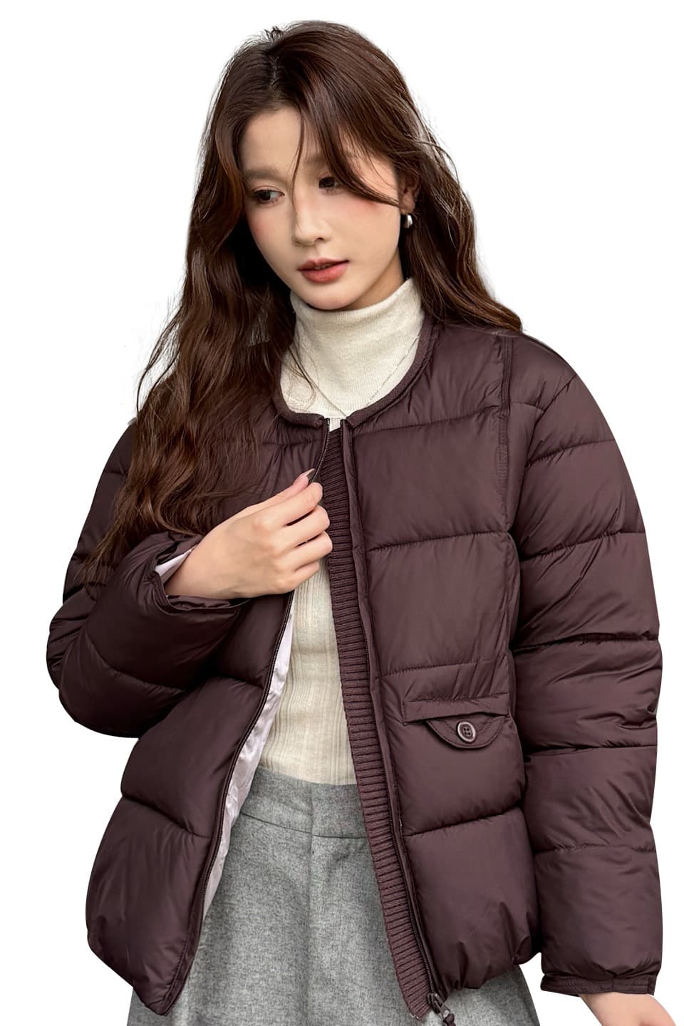 2026 겨울 한 부서 패치워크 지퍼 디자인 센스 다용도 미니멀리즘 패션 보온 라운드 넥 여성 면 의류 재킷 이미지 6