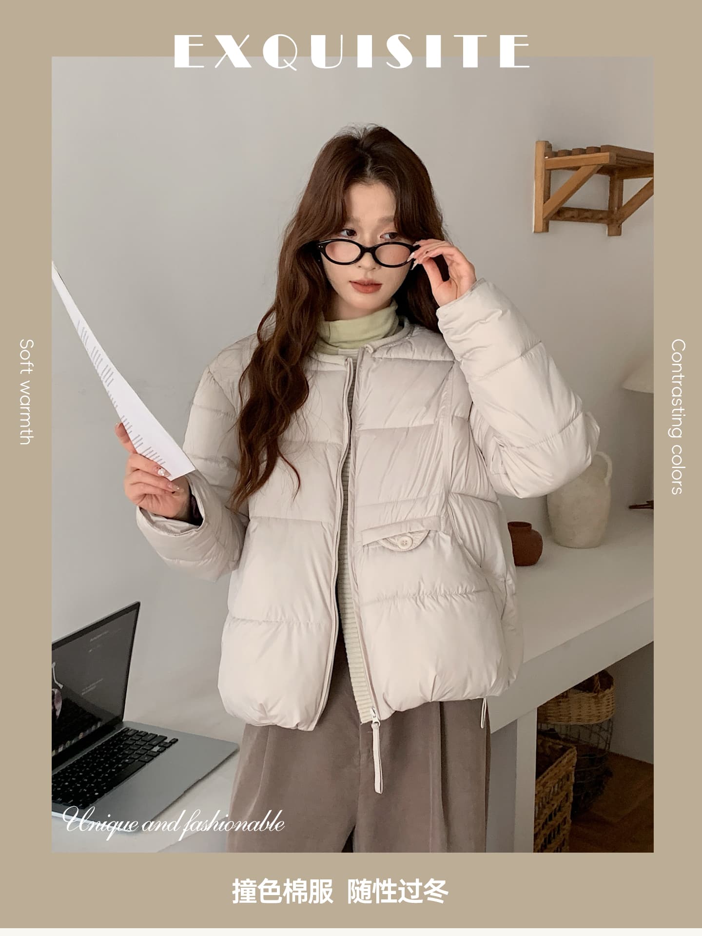 2026 겨울 한 부서 패치워크 지퍼 디자인 센스 다용도 미니멀리즘 패션 보온 라운드 넥 여성 면 의류 재킷 상세 이미지 1