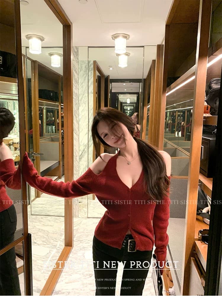 프랑스식 빨간색 작은 샤넬 스타일 행침 목 레이스업 니트 오픈 가디건 여성 외부 가져 가라. 이른 가을 슬립 스택 착용 쇼트 스타일 품격 맨위 상세 이미지 1