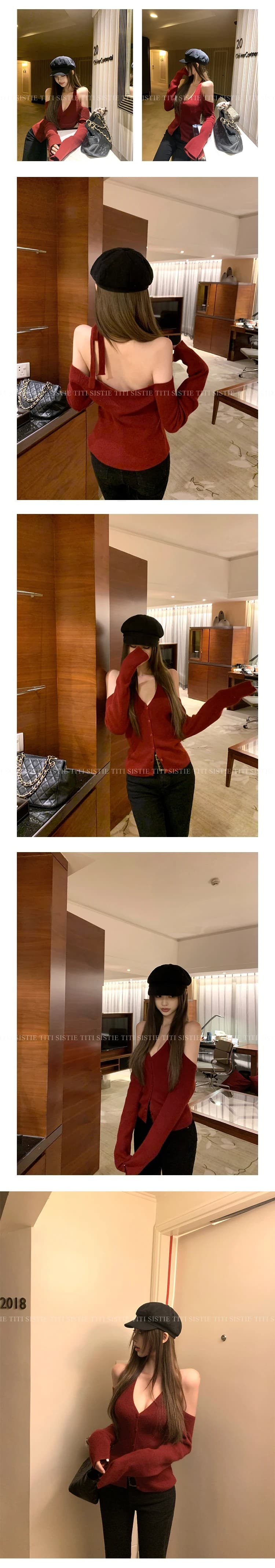 프랑스식 빨간색 작은 샤넬 스타일 행침 목 레이스업 니트 오픈 가디건 여성 외부 가져 가라. 이른 가을 슬립 스택 착용 쇼트 스타일 품격 맨위 상세 이미지 6