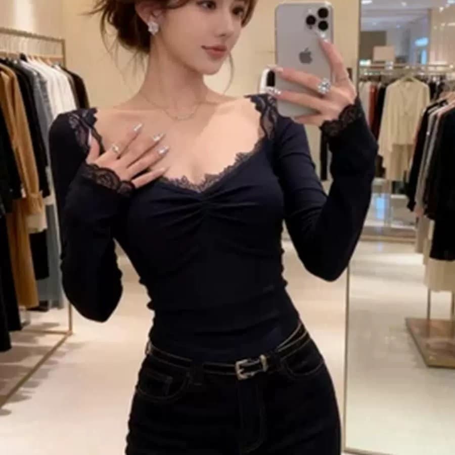 사람들 면 260 그램 순수한 욕망 레이스 레이스 V넥 긴팔 티셔츠 여성 가을 섹시함 백리스 맨위 핫걸 작은 셔츠 이미지 2