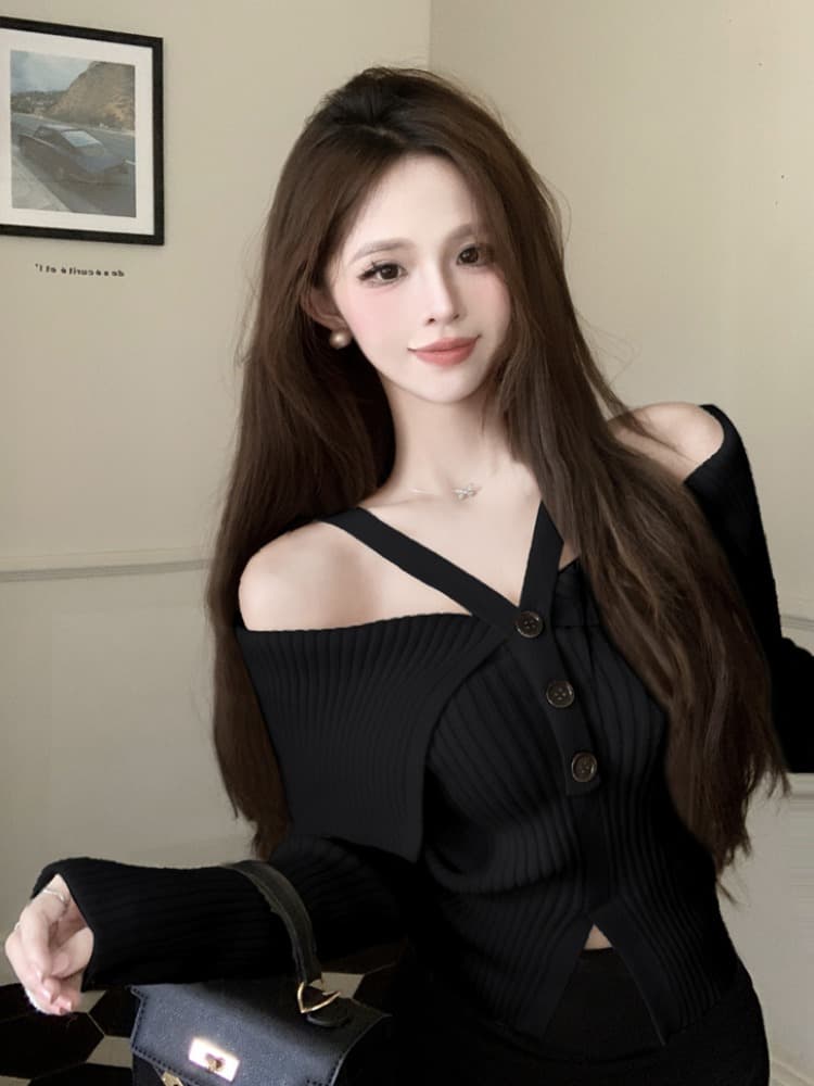 프랑스식 핫걸 빨간색 행침 목 오프숄더 니트 맨위 여성 가을 새로운 디자인 센스 작은 대중 스웨터 가을과 겨울 이미지 2