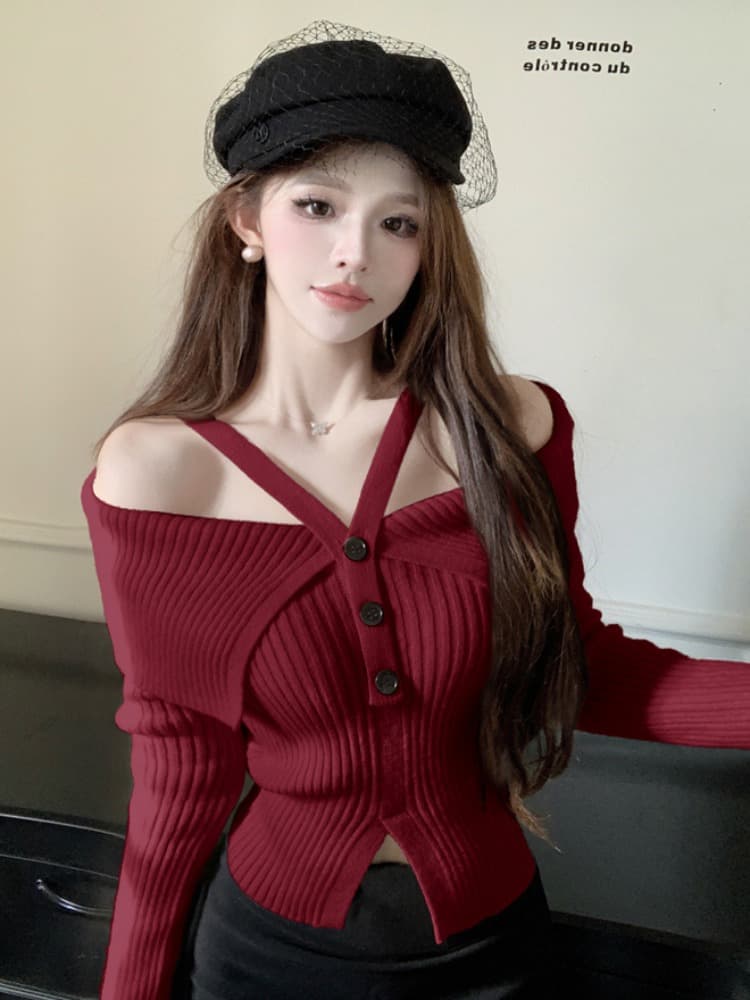 프랑스식 핫걸 빨간색 행침 목 오프숄더 니트 맨위 여성 가을 새로운 디자인 센스 작은 대중 스웨터 가을과 겨울
