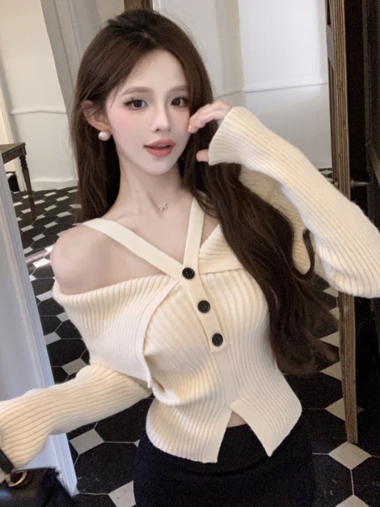 프랑스식 핫걸 빨간색 행침 목 오프숄더 니트 맨위 여성 가을 새로운 디자인 센스 작은 대중 스웨터 가을과 겨울 이미지 4