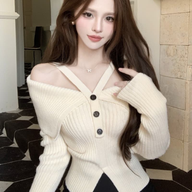프랑스식 핫걸 빨간색 행침 목 오프숄더 니트 맨위 여성 가을 새로운 디자인 센스 작은 대중 스웨터 가을과 겨울 이미지 5