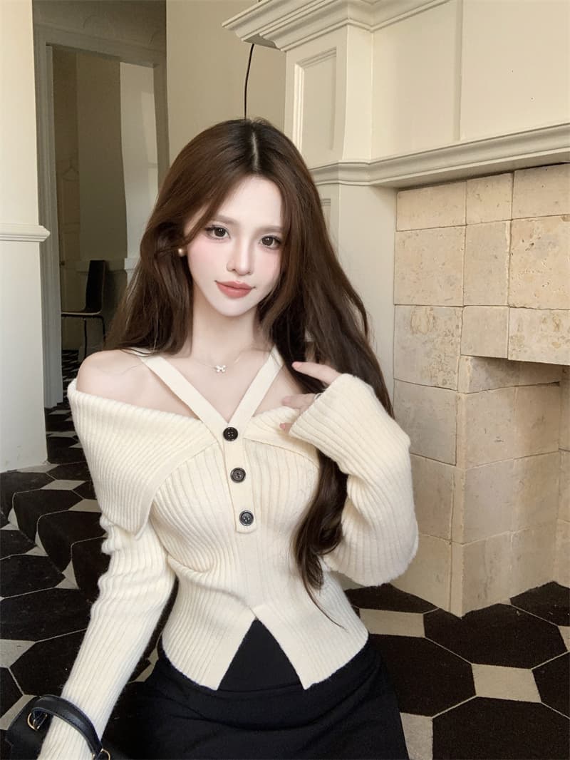 프랑스식 핫걸 빨간색 행침 목 오프숄더 니트 맨위 여성 가을 새로운 디자인 센스 작은 대중 스웨터 가을과 겨울 상세 이미지 1