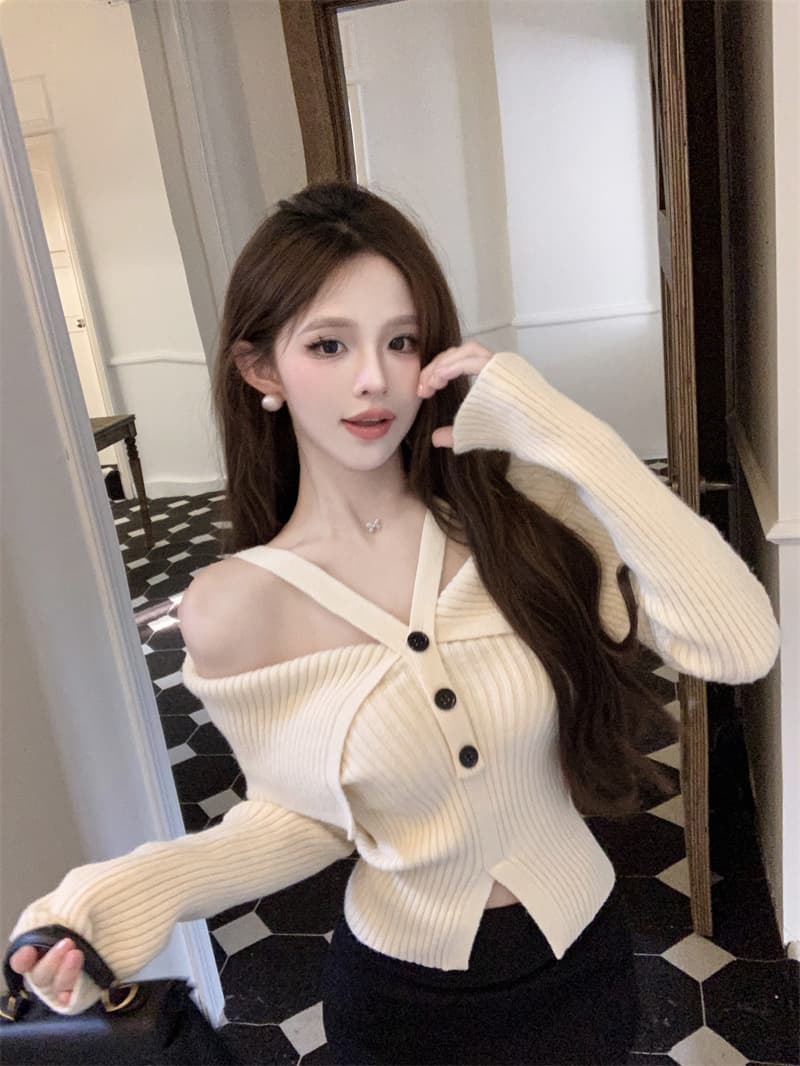 프랑스식 핫걸 빨간색 행침 목 오프숄더 니트 맨위 여성 가을 새로운 디자인 센스 작은 대중 스웨터 가을과 겨울 상세 이미지 2