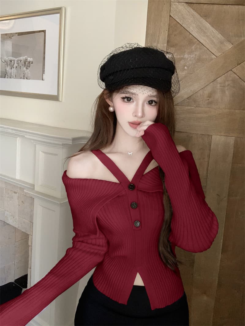 프랑스식 핫걸 빨간색 행침 목 오프숄더 니트 맨위 여성 가을 새로운 디자인 센스 작은 대중 스웨터 가을과 겨울 상세 이미지 4