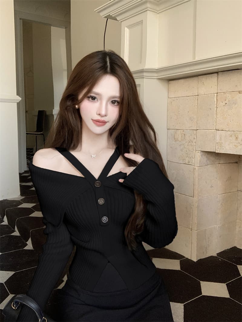 프랑스식 핫걸 빨간색 행침 목 오프숄더 니트 맨위 여성 가을 새로운 디자인 센스 작은 대중 스웨터 가을과 겨울 상세 이미지 5