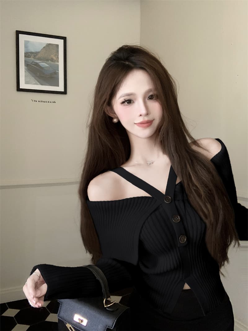 프랑스식 핫걸 빨간색 행침 목 오프숄더 니트 맨위 여성 가을 새로운 디자인 센스 작은 대중 스웨터 가을과 겨울 상세 이미지 6