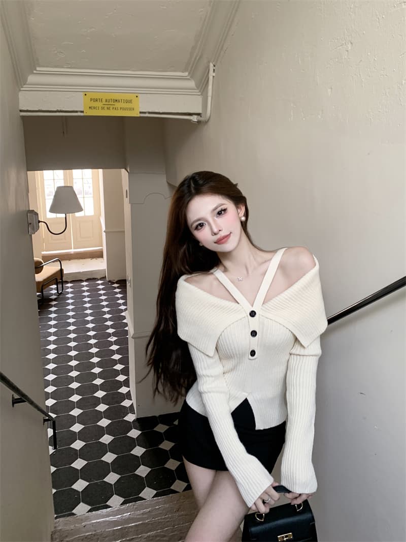 프랑스식 핫걸 빨간색 행침 목 오프숄더 니트 맨위 여성 가을 새로운 디자인 센스 작은 대중 스웨터 가을과 겨울 상세 이미지 7