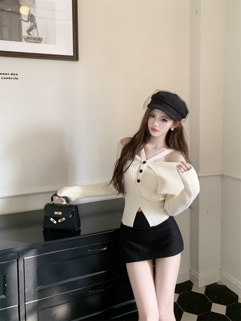 프랑스식 핫걸 빨간색 행침 목 오프숄더 니트 맨위 여성 가을 새로운 디자인 센스 작은 대중 스웨터 가을과 겨울 상세 이미지 10
