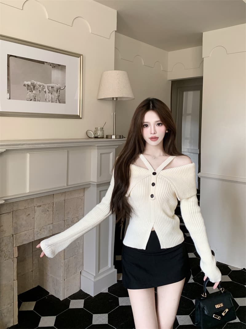 프랑스식 핫걸 빨간색 행침 목 오프숄더 니트 맨위 여성 가을 새로운 디자인 센스 작은 대중 스웨터 가을과 겨울 상세 이미지 12