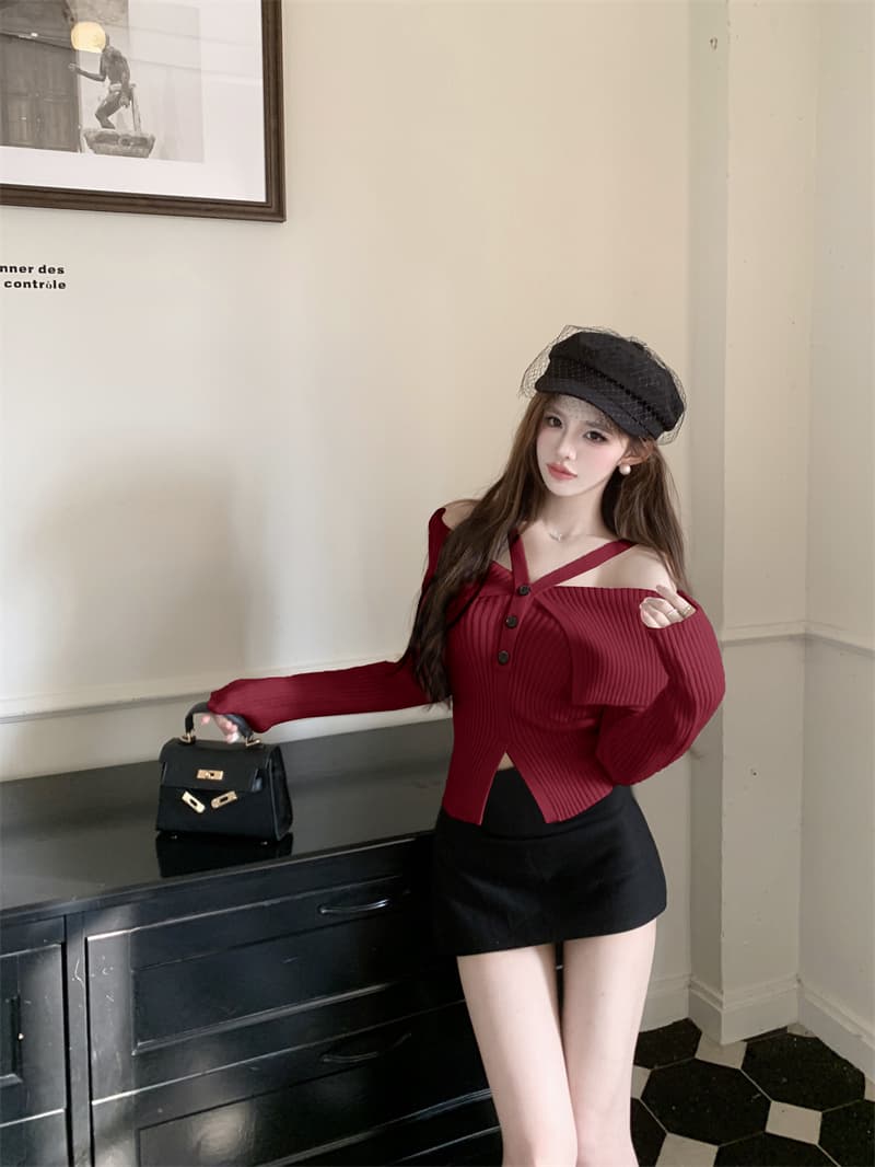 프랑스식 핫걸 빨간색 행침 목 오프숄더 니트 맨위 여성 가을 새로운 디자인 센스 작은 대중 스웨터 가을과 겨울 상세 이미지 13