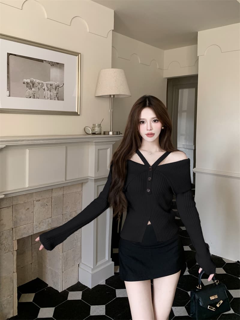 프랑스식 핫걸 빨간색 행침 목 오프숄더 니트 맨위 여성 가을 새로운 디자인 센스 작은 대중 스웨터 가을과 겨울 상세 이미지 15