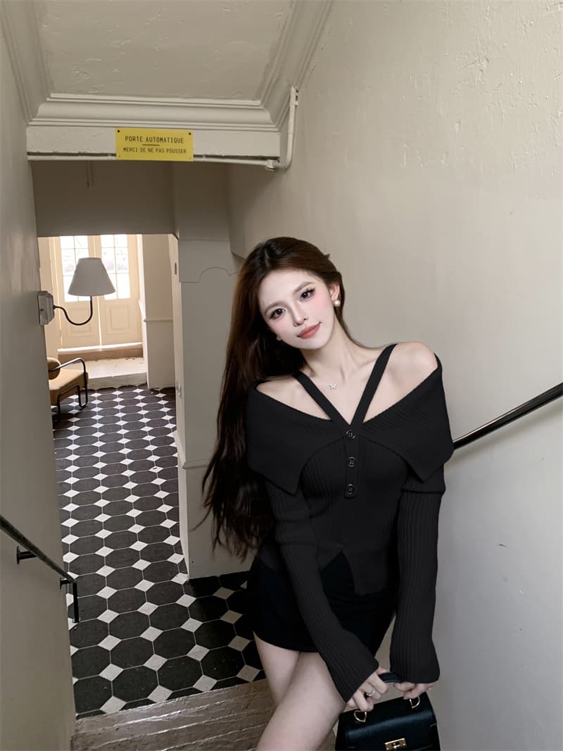 프랑스식 핫걸 빨간색 행침 목 오프숄더 니트 맨위 여성 가을 새로운 디자인 센스 작은 대중 스웨터 가을과 겨울 상세 이미지 16