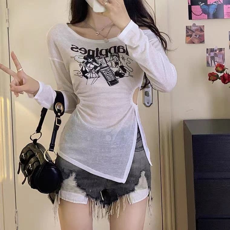 있음 선적 리브 홀로우 아웃 프린트 밑단 트임 얇은 스타일 자외선 차단 긴팔 티셔츠 여성 한국 대외 무역