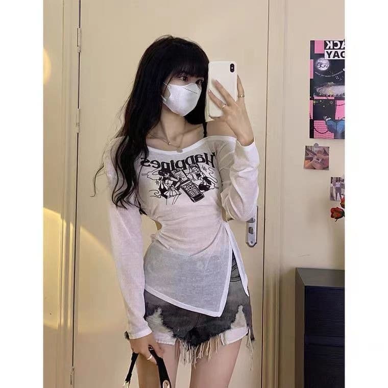 있음 선적 리브 홀로우 아웃 프린트 밑단 트임 얇은 스타일 자외선 차단 긴팔 티셔츠 여성 한국 대외 무역 이미지 2