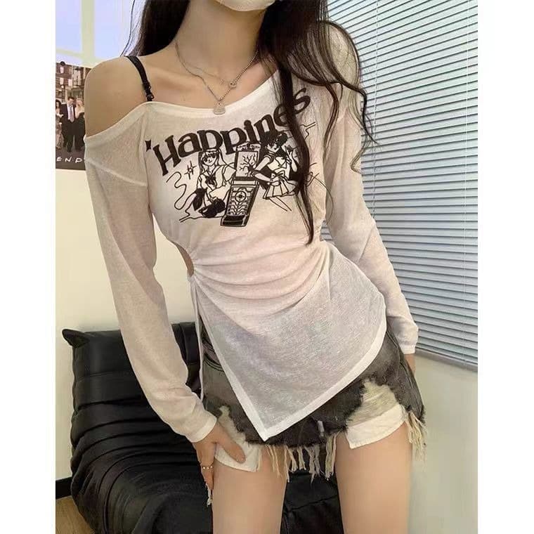 있음 선적 리브 홀로우 아웃 프린트 밑단 트임 얇은 스타일 자외선 차단 긴팔 티셔츠 여성 한국 대외 무역 이미지 4