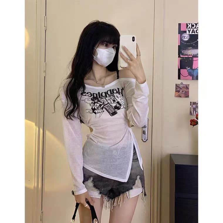있음 선적 리브 홀로우 아웃 프린트 밑단 트임 얇은 스타일 자외선 차단 긴팔 티셔츠 여성 한국 대외 무역 상세 이미지 3