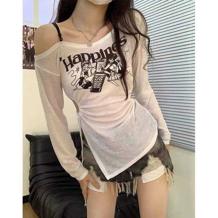 있음 선적 리브 홀로우 아웃 프린트 밑단 트임 얇은 스타일 자외선 차단 긴팔 티셔츠 여성 한국 대외 무역 상세 이미지 7
