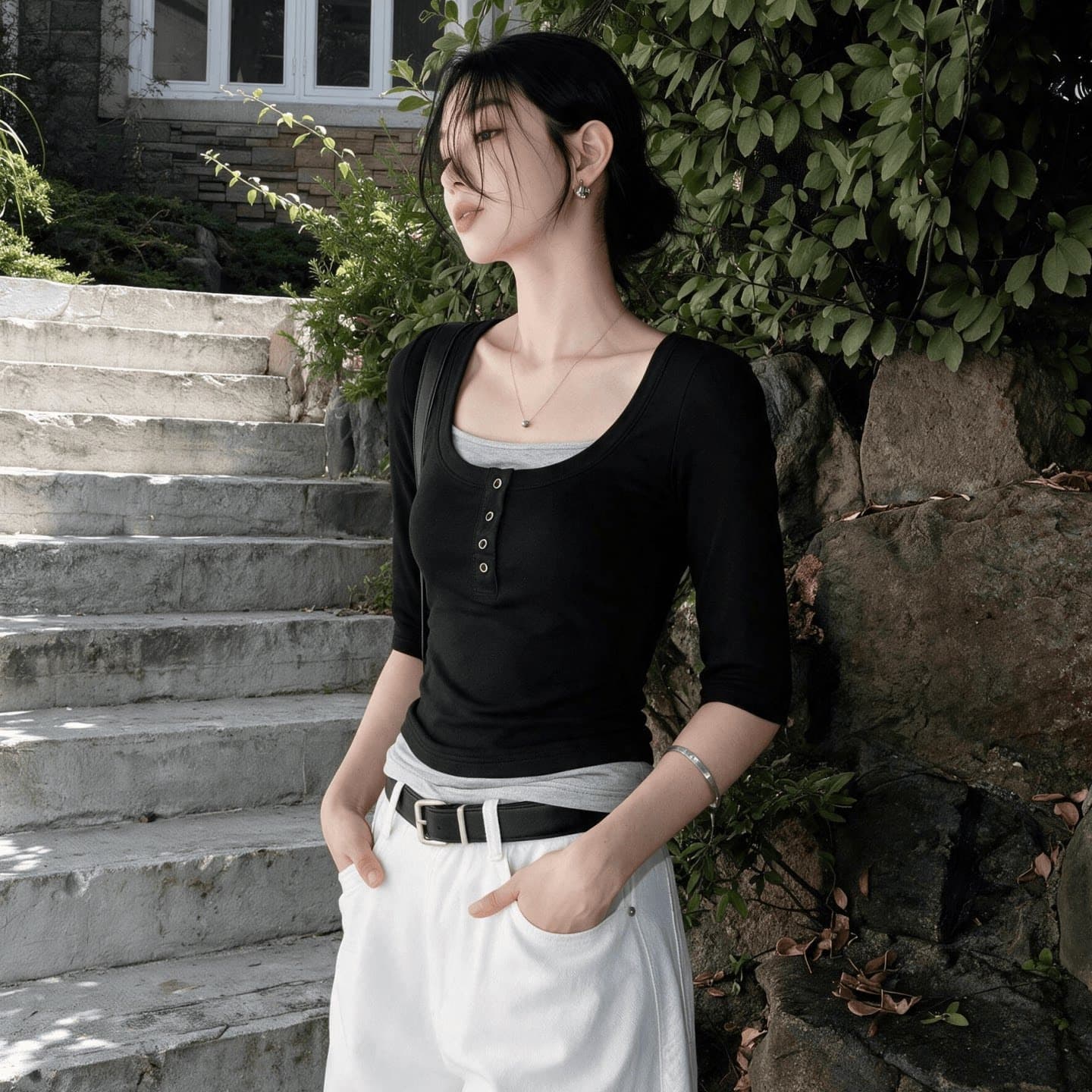 260 그램 사람들 면 가을 새로운 클래식 패치워크 색상 페이크 레이어드 5 점 소매 다용도 티셔츠 니트 맨위 소녀 동정 이미지 3