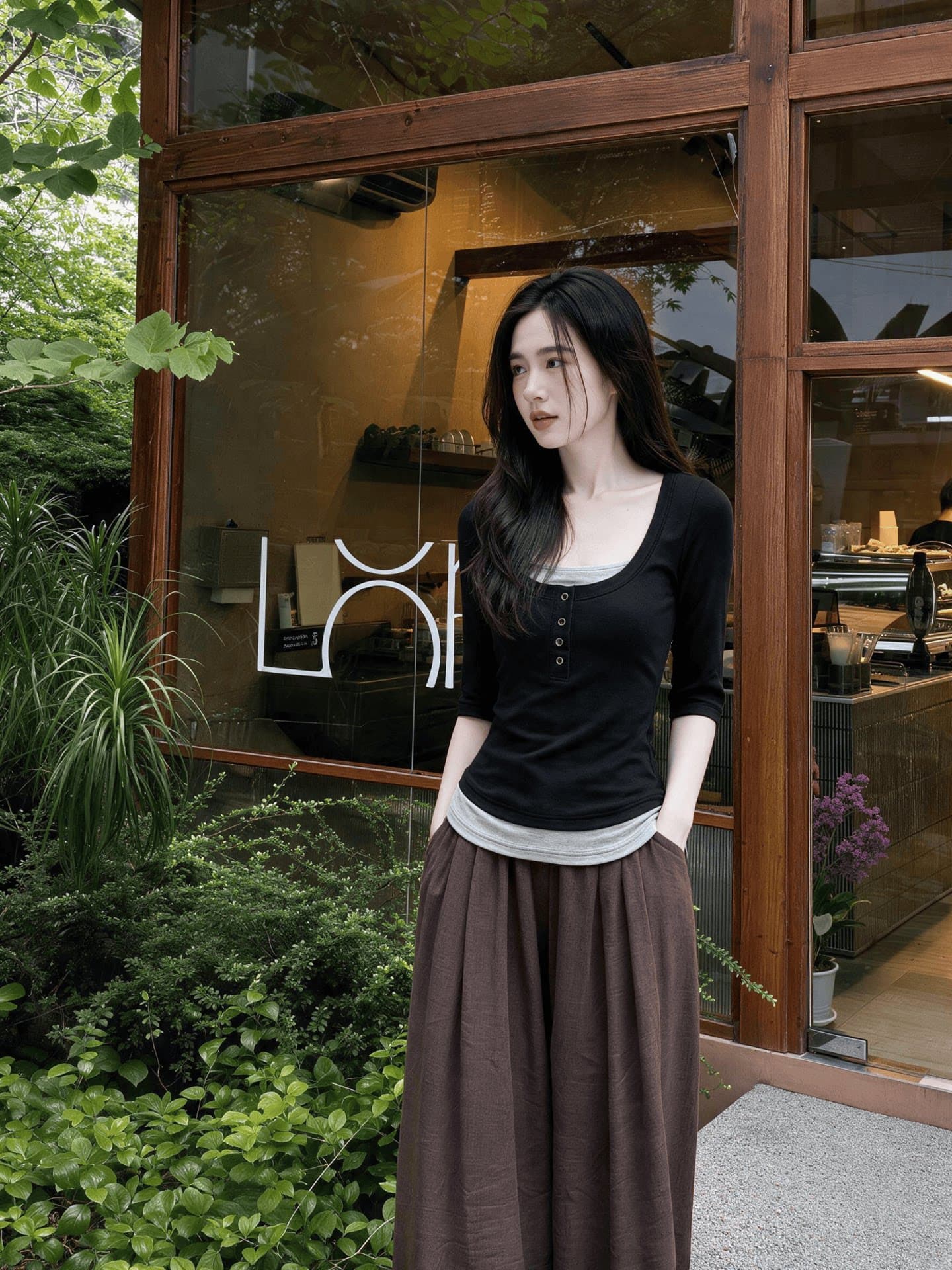 260 그램 사람들 면 가을 새로운 클래식 패치워크 색상 페이크 레이어드 5 점 소매 다용도 티셔츠 니트 맨위 소녀 동정 상세 이미지 1